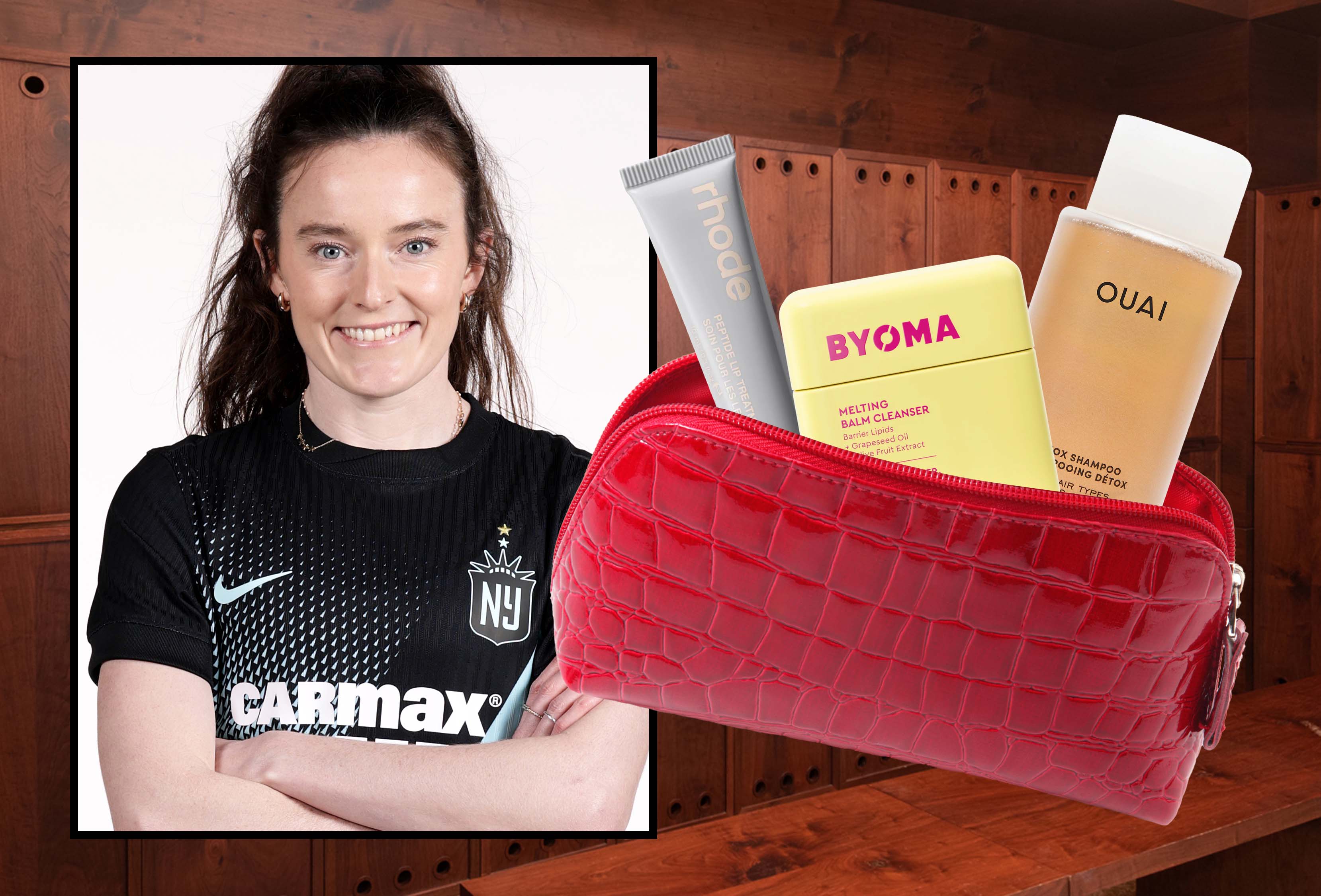 athlete Rose Lavelle framed on top of a background featuring school locker rooms, next to a red makeup bag filled with beauty products