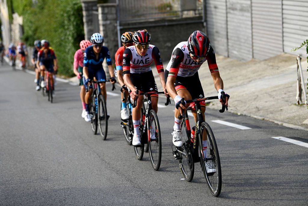 COMO ITALY OCTOBER 08 Tadej Pogacar of Slovenia and UAE Team Emirates competes in the breakaway during the 116th Il Lombardia 2022 a 253km one day race from Bergamo to Como iLombardia on October 08 2022 in Como Italy Photo by Tim de WaeleGetty Images