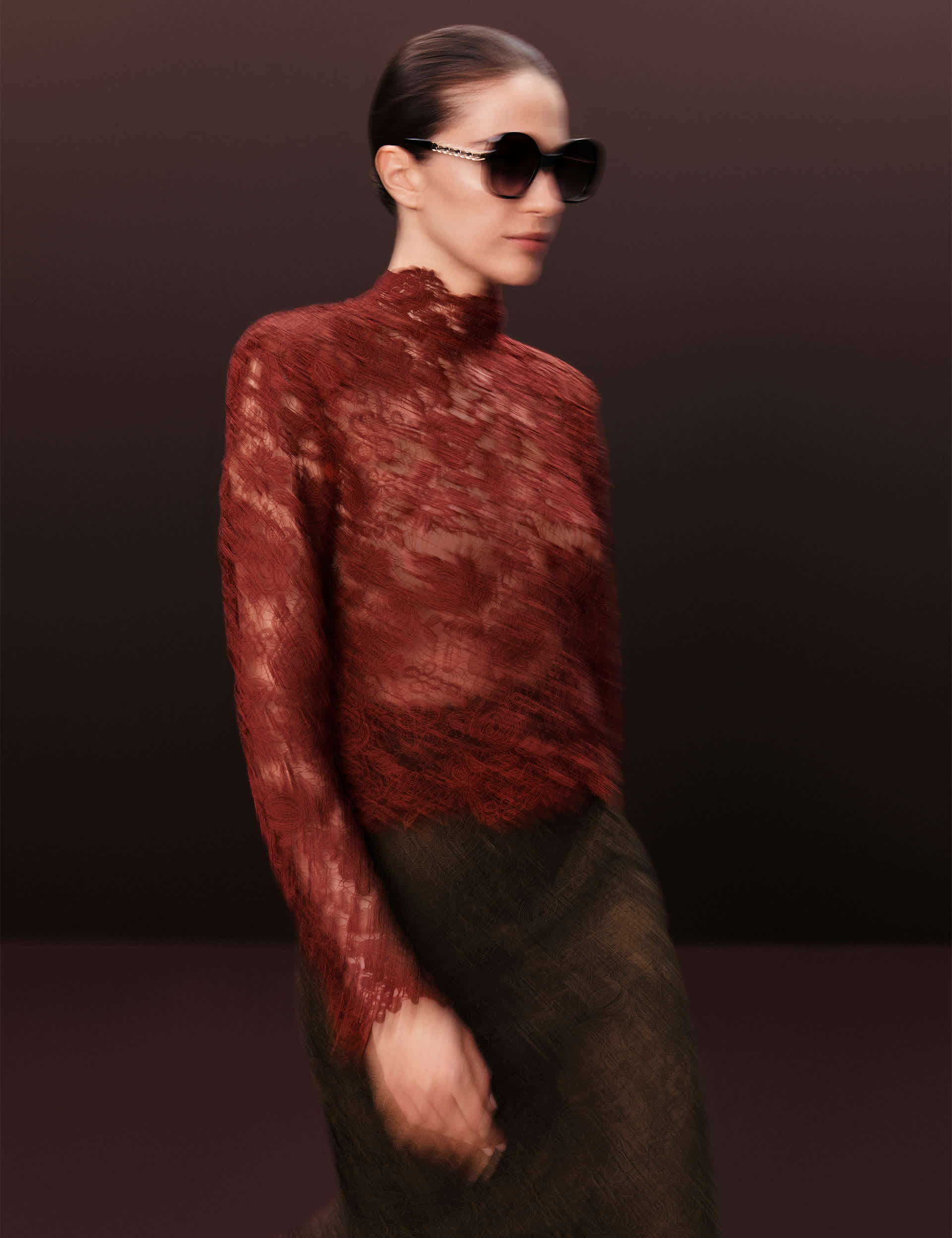 Lace High Neck Padded Shoulder Top