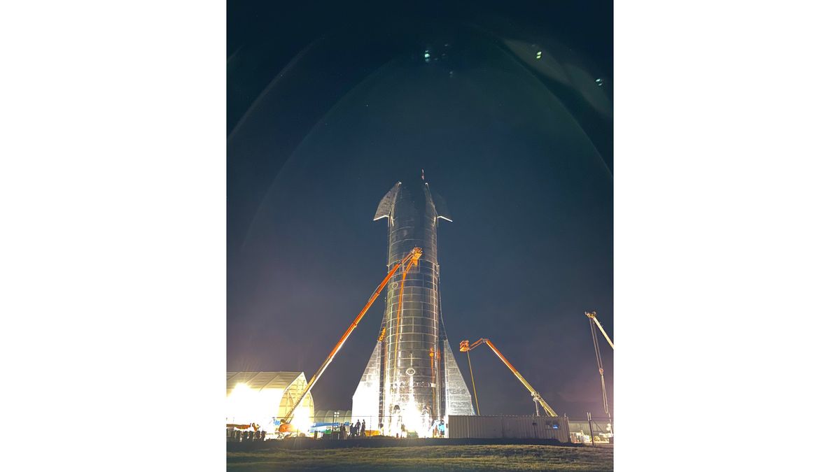 The bottom half of SpaceX's Starship Mk 1 prototype is seen at the company's South Texas facilities in this photo posted on Twitter by Elon Musk on Sept. 22, 2019.