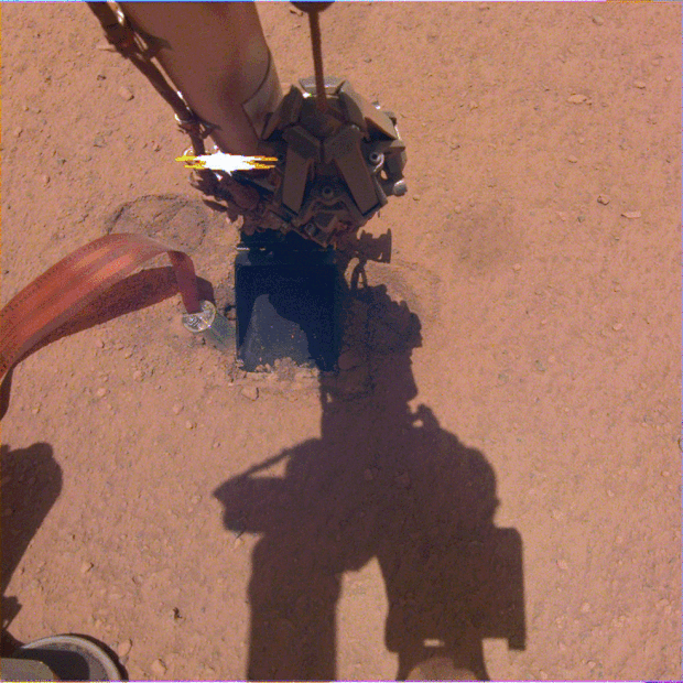 This sequence of images shows the burrowing heat probe on NASA&rsquo;s InSight Mars lander popping back out of the hole it had dug on the Red Planet.