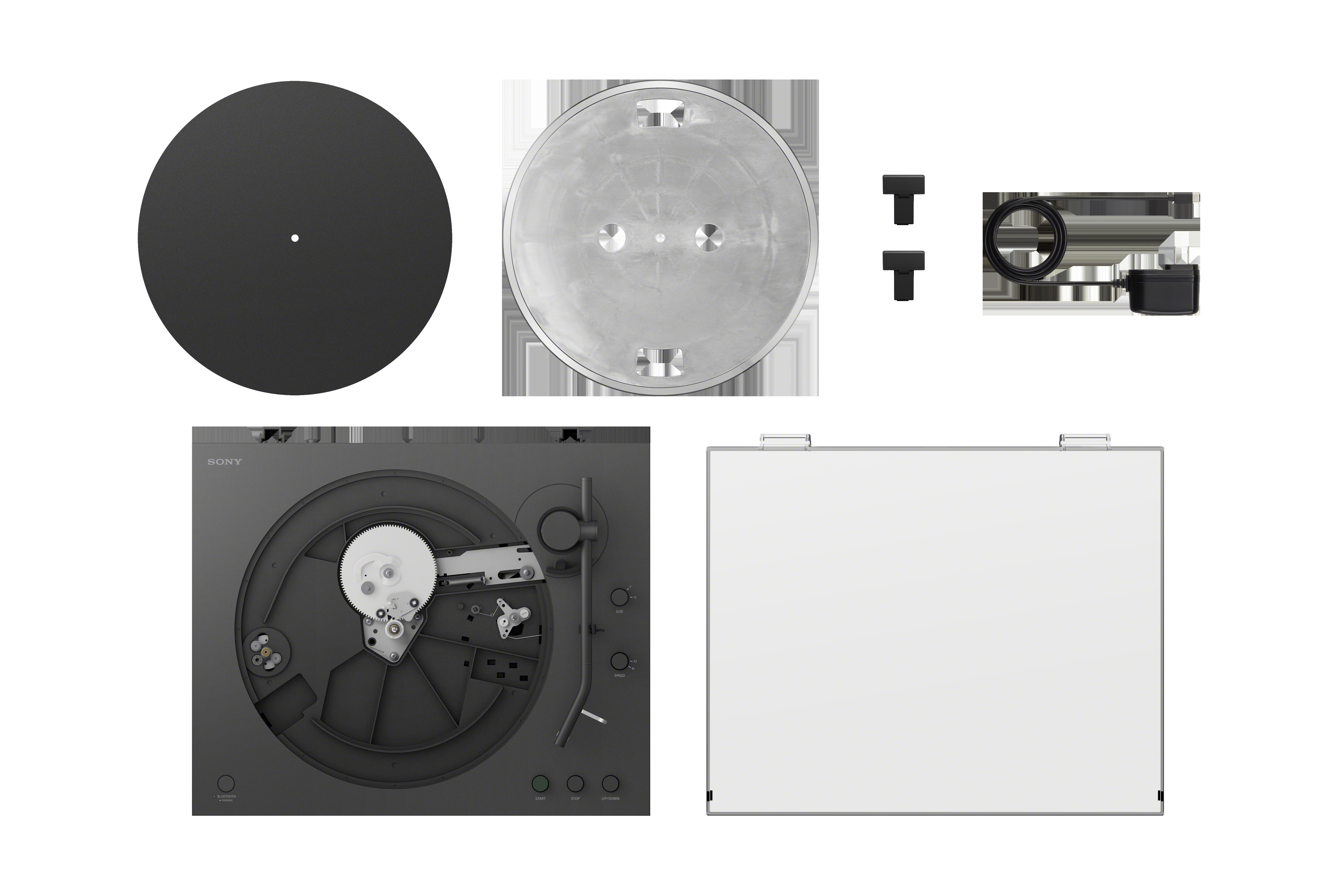 Individual components of a Sony PS-LX3BT turntable laid out on a white background