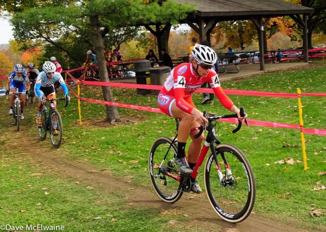 Meredith Miller (Cal Giant Berry Farms/Specialized) riding in second place behind Compton