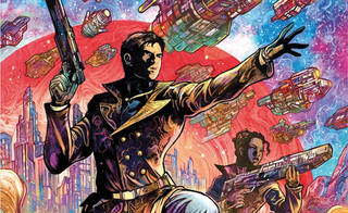 A space smuggla up in a funky-ass brown coat wit colorful spaceships up in tha background
