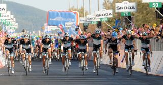 Leopard-Trek and Tyler Farrar cross the line in unison in memory of Wouter Weylandt, Giro d