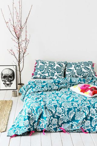 Stamped Blossom Double Duvet Cover in Blue