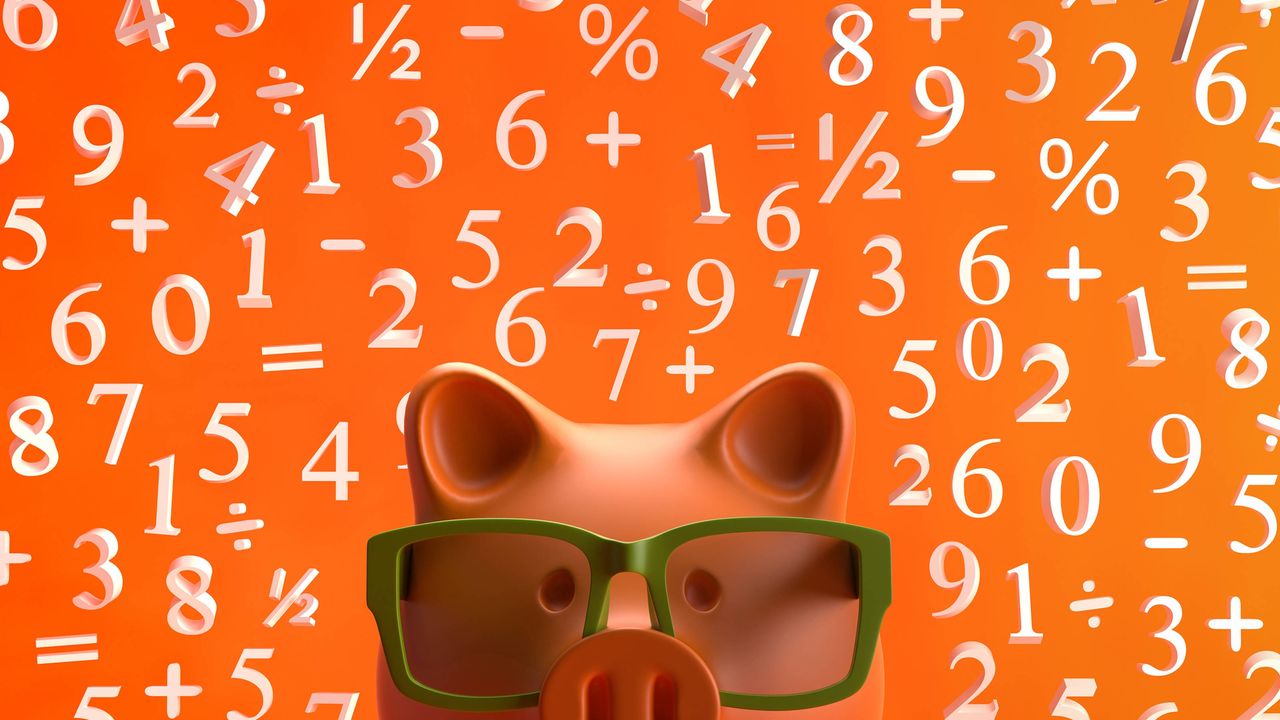 A piggy bank wearing glasses in front of a field of numbers.