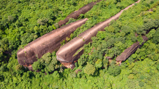 Aerial view of three whales rock in Phu Sing Country park in Bungkarn province, Thailand. There are 3 big rocks on the mountain that look like a whale family.