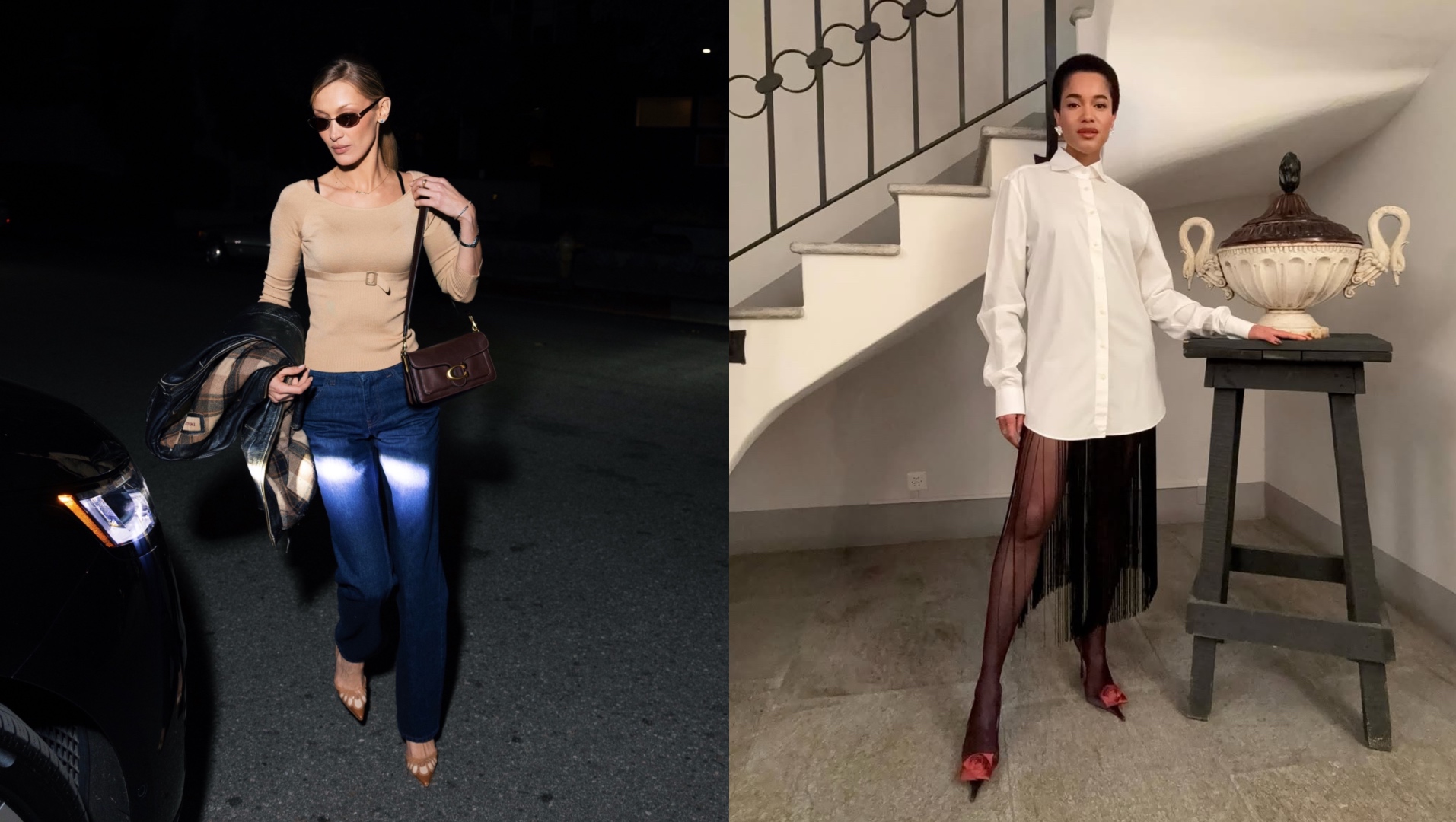 Bella Hadid and Tamu McPherson in viral designer items.