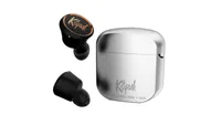 A pair of the klipsch t5 earbuds in black with a silver carry case