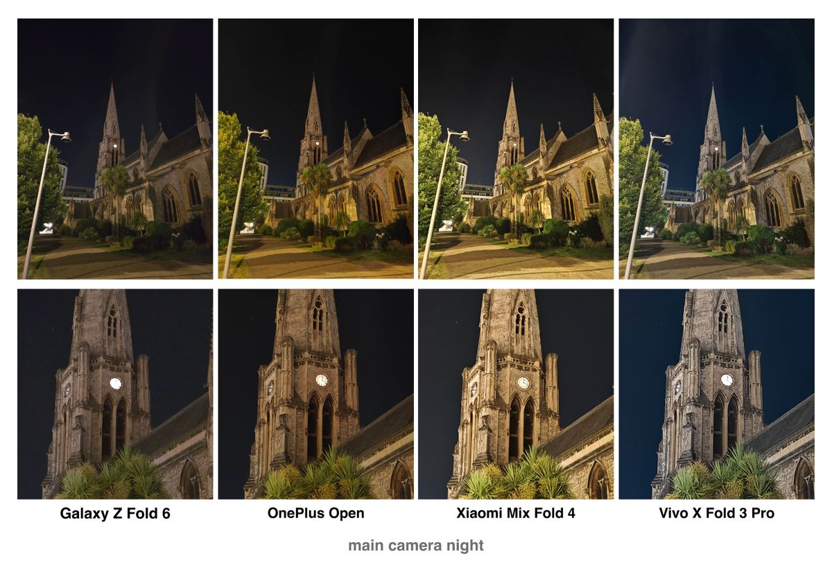 Night photos taken on the OnePlus Open, Samsung Galaxy Z Fold 6, Vivo X Fold 3 Pro and Xiaomi Mix Fold 4