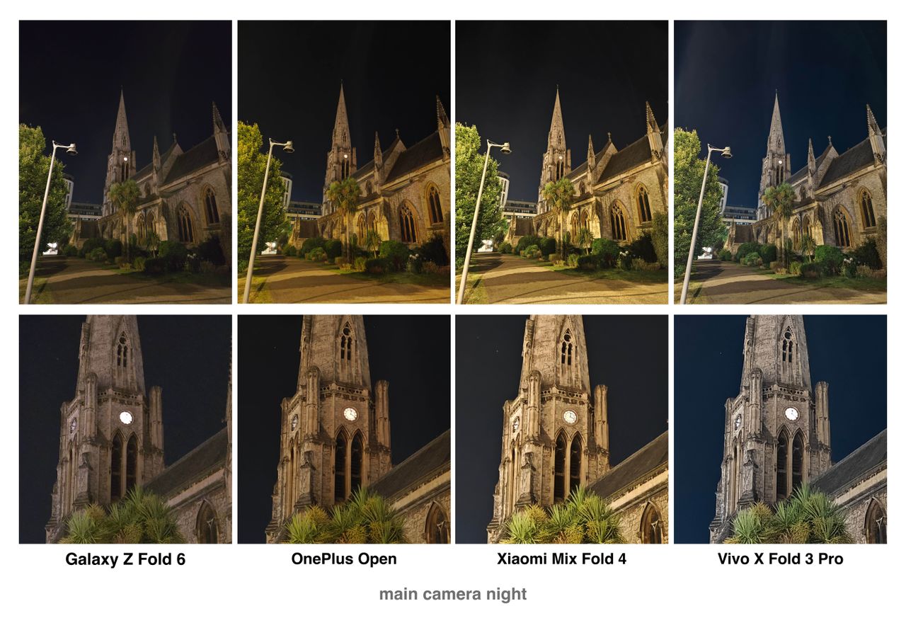 Night photos taken on the OnePlus Open, Samsung Galaxy Z Fold 6, Vivo X Fold 3 Pro and Xiaomi Mix Fold 4