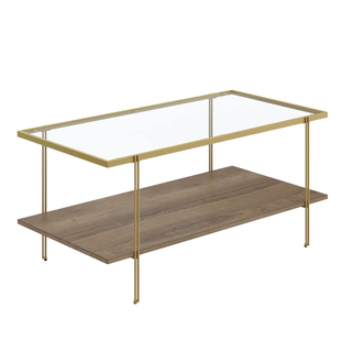 gold coffee table with wooden shelf