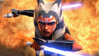 Ahsoka Tano wielding two light sabers, with fire behind her in art for Star Wars: Clone Wars