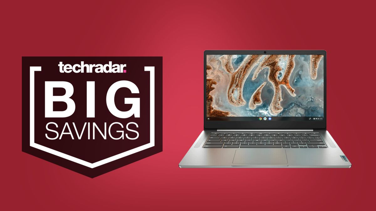 Lenovo IdeaPad 3 Chromebook against a red background with a &#039;BIG SAVINGS&#039; TechRadar deals badge.