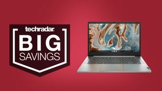 Lenovo IdeaPad 3 Chromebook against a red background with a 'BIG SAVINGS' TechRadar deals badge.