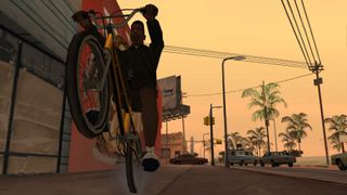 A screenshot from Grand Theft Auto: San Andreas showing a character on a bike.