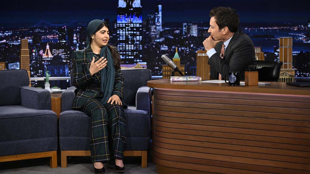 THE TONIGHT SHOW STARRING JIMMY FALLON -- Episode 2199 -- Pictured: (l-r) Author &amp; activist Malala Yousafzai during an interview with host Jimmy Fallon on Monday, October 20, 2025 -- (Photo by: Todd Owyoung/NBC)