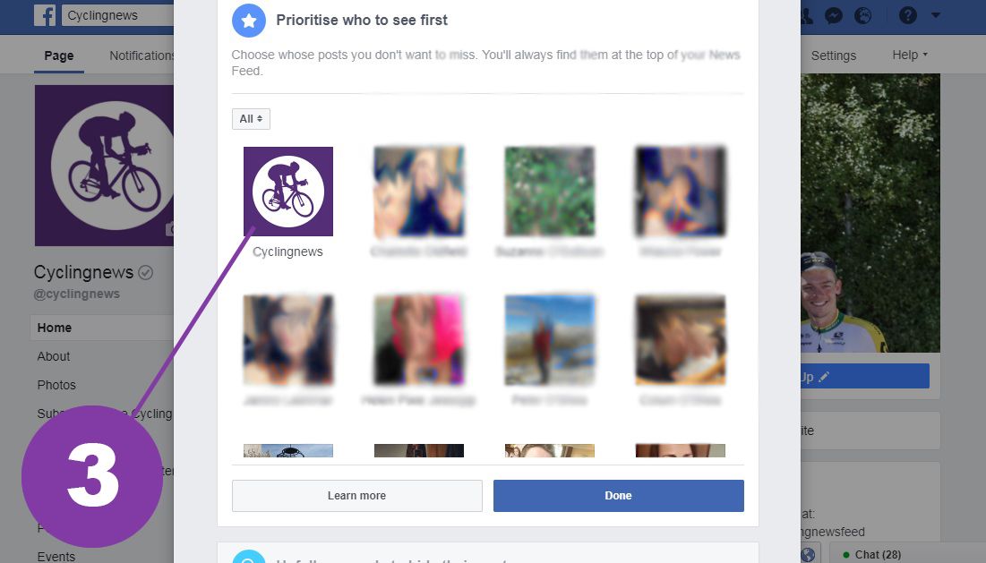 Find Cyclingnews in your list of friends and pages, and go ahead and give us a good old click (step 3)