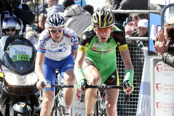 The late breakaway Anthony Roux (FDJ-BigMat) and Dirk Bellemakers (Landbouwkrediet-Euphony)