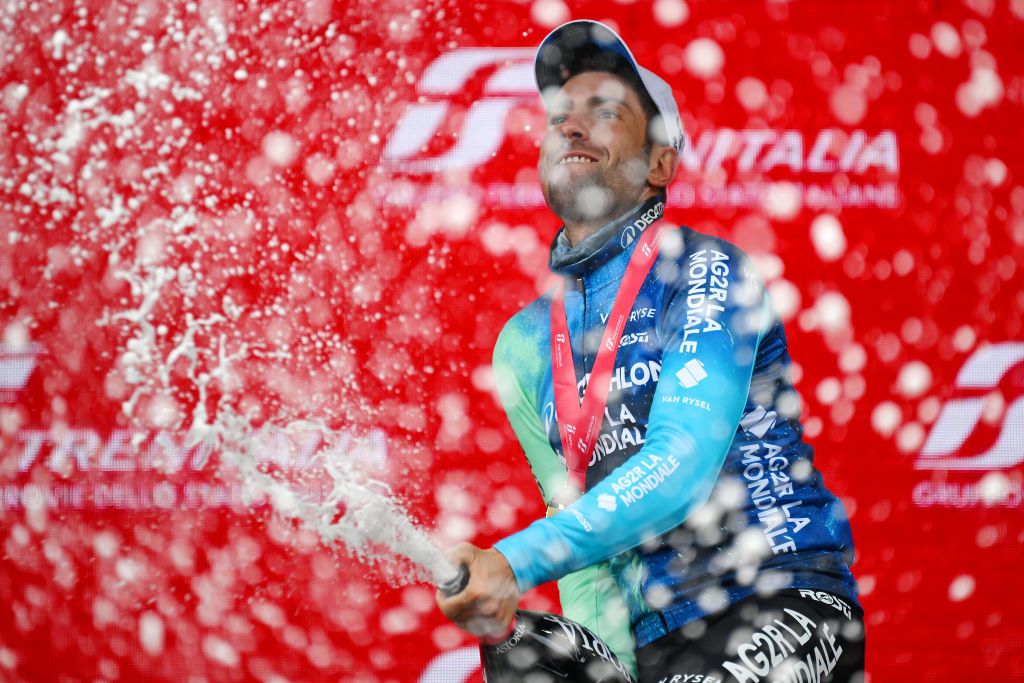 SAPPADA ITALY MAY 24 Andrea Vendrame of Italy and Decathlon AG2R La Mondiale Team celebrates at podium as stage winner during the 107th Giro dItalia 2024 Stage 19 a 157km stage from Mortegliano to Sappada 1236m UCIWT on May 24 2024 in Sappada Italy Photo by Tim de WaeleGetty Images