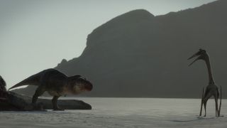 Quetzalcoatlus clashing with Tyrannosaurus Rex in Prehistoric Planet Season 2