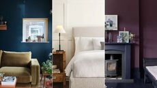 dark blue living room, white bedroom, dark purple living room