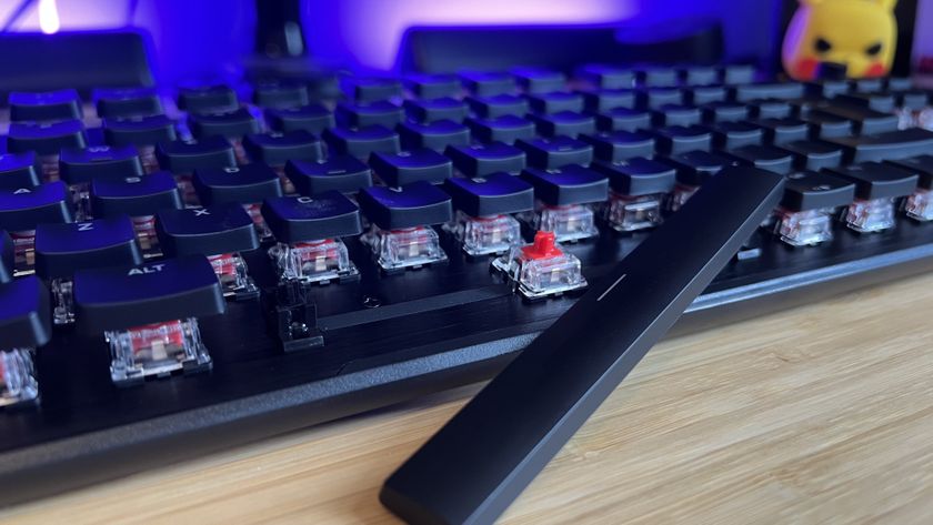 Close up on Turtle Beach Vulcan II TKL keyboard space bar with cap removed to show switch and stabilizers
