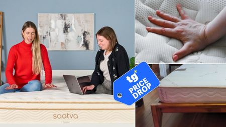 The composite image shows mattress testers Nicola Appleton and Ruth Jones sat on the Saatva Classic mattress, while inset a close-up of the Saatva Memory Foam Hybrid and the Saatva Zenhaven