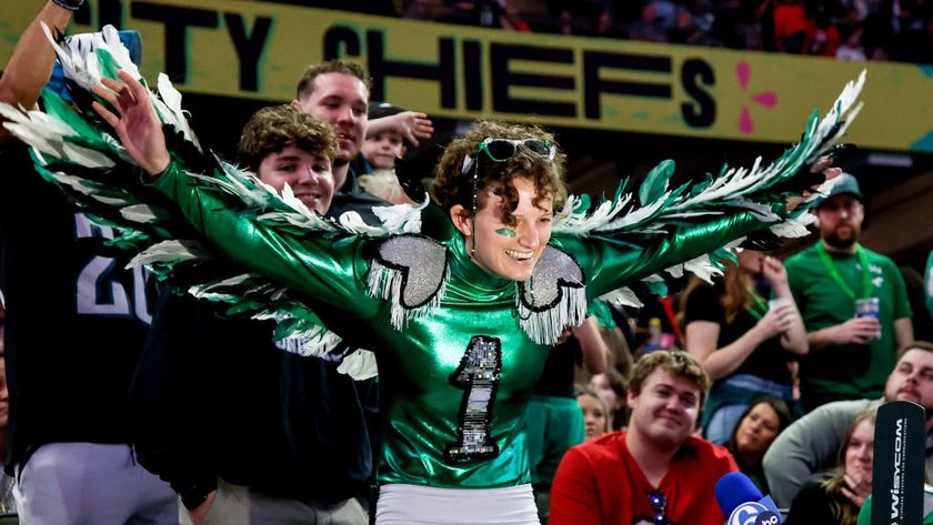 A fan of the Philadelphia Eagles shows off her outfit in the stands during Super Bowl LIX Opening Night fueled by Gatorade at Caesars Superdome on February 3, 2025