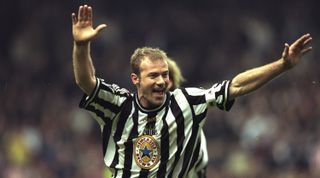 5 Apr 1998: Newcastle's Alan Shearer celebrates scoring the winning goal during the match between Newcastle United and Sheffield United in the Semi-Finals of the FA Cup played at Old Trafford in Manchester, England. Newcastle won the match 1-0.` \ Mandatory Credit: Mark Thompson /Allsport