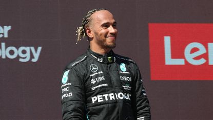 Lewis Hamilton on the podium at the F1 French Grand Prix  