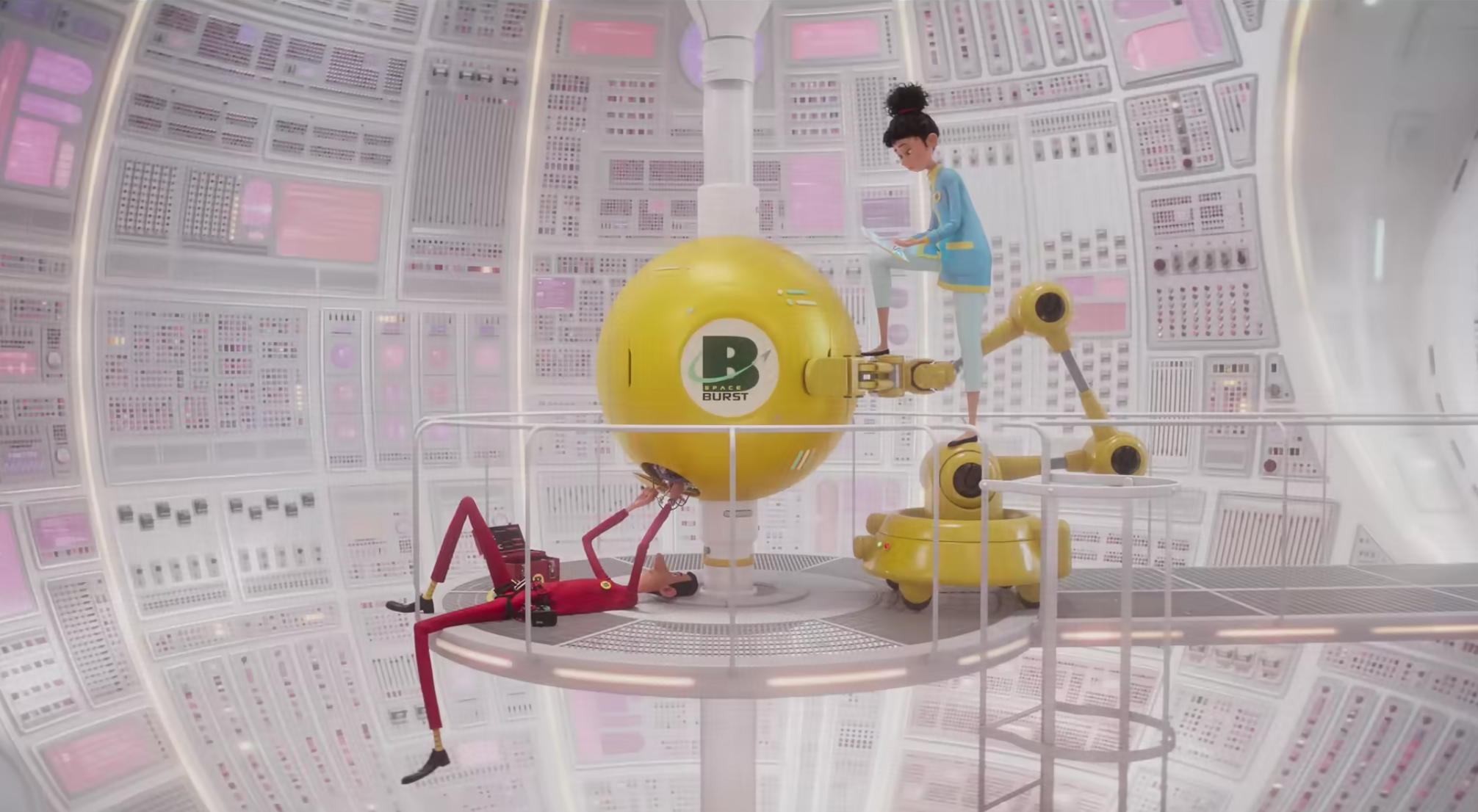 two cartoon scientists working on a yellow robot