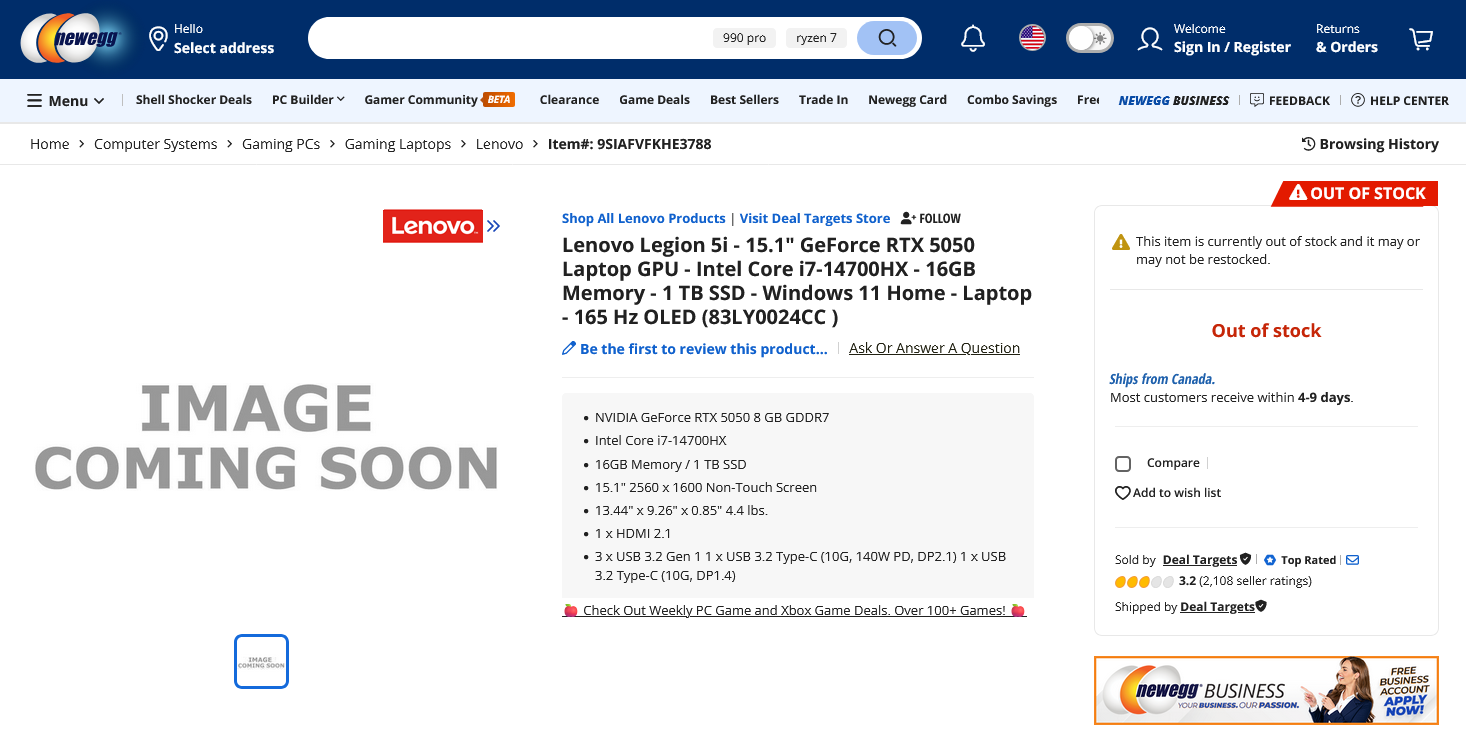 A listing at Newegg appears to show that the Lenovo Legion 5i will include an RTX 5050 with 8GB GDDR7.