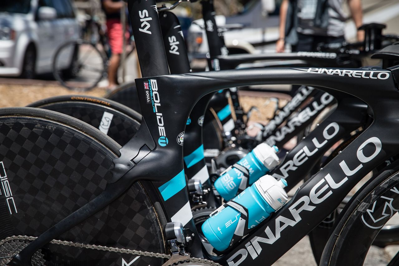 The rear brake on the Pinarello Bolide features an aero cover that can be removed for maintenance and adjustment