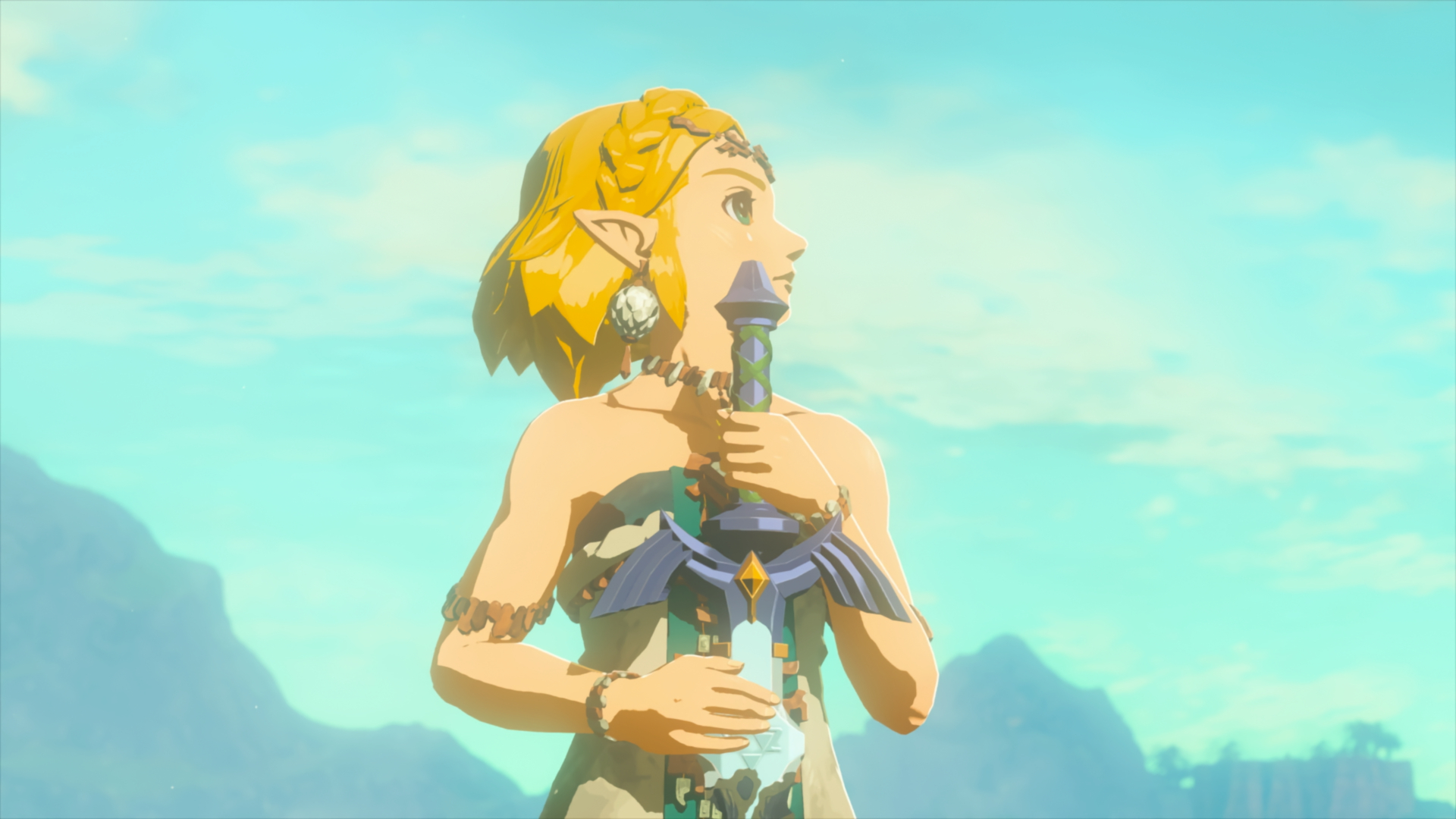 Princess Zelda holding the Master Sword and looking to the right in The Legend of Zelda: Tears of the Kingdom running with the Switch 2 upgrade