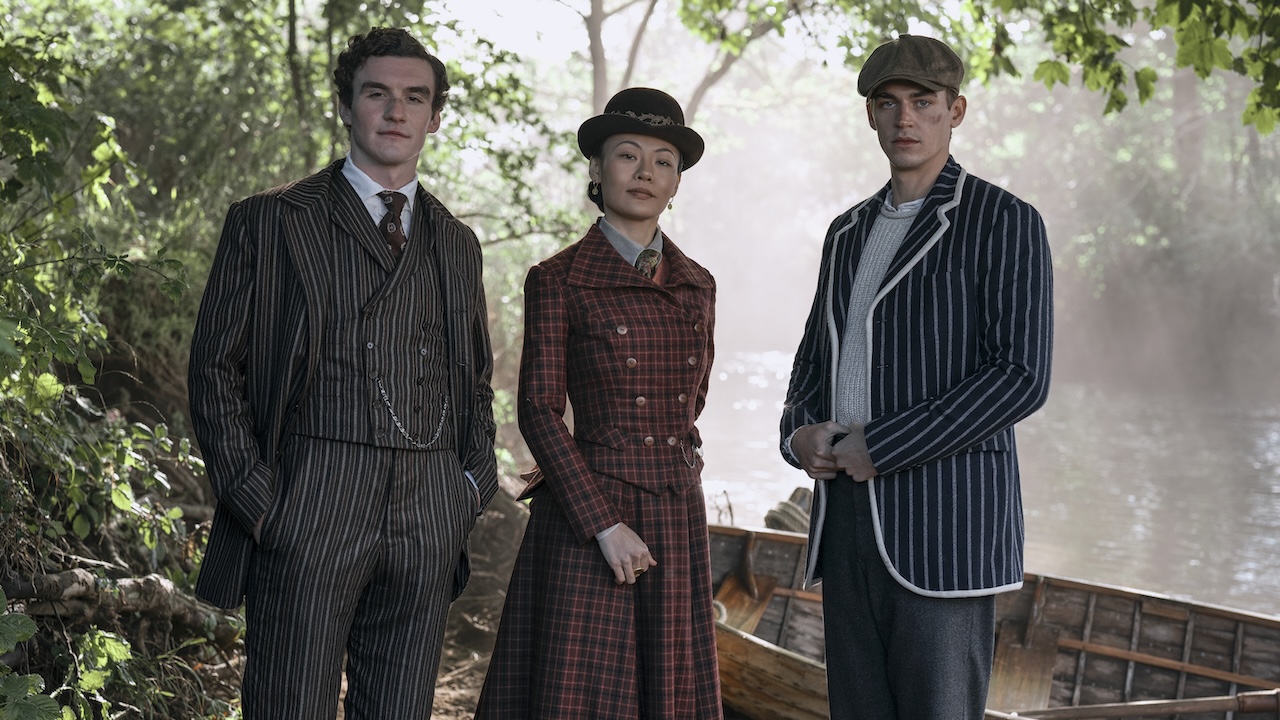 James Moriarty, Xiao Wei, and Sherlock Holmes outside together in Amazon Prime's Young Sherlock
