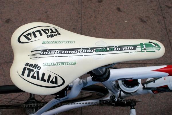 Custom saddle - it reads 'Go like a Green Bullet'