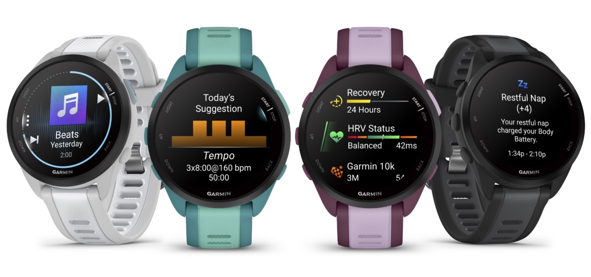 Press renders of the Garmin Forerunner 165, showing music storage, daily suggested workout, HRV status widget, and enhanced Body Battery widget.