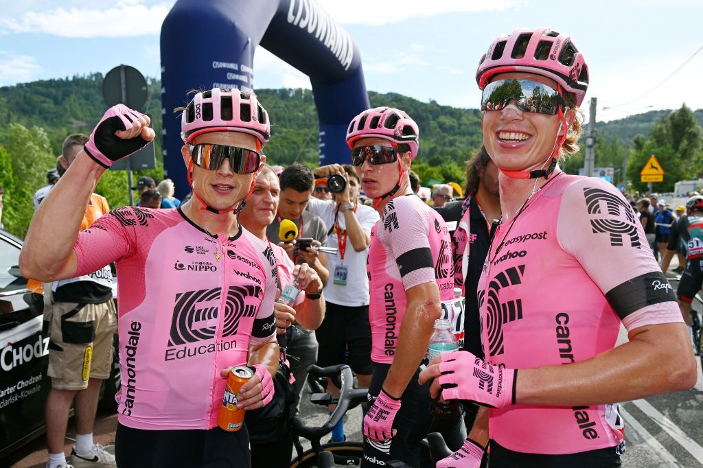 BIELSKOBIALA POLAND AUGUST 02 LR Stage winner Marijn Van Den Berg of The Netherlands and Team EF EducationEasyPost Stefan De Bod of South Africa and Julius Van Den Berg of The Netherlands react after the 80th Tour de Pologne 2023 Stage 5 a 1988km stage from Pszczyna to BielskoBiala 430m UCIWT on August 02 2023 in BielskoBiala Poland Photo by Dario BelingheriGetty Images