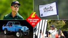 Kevin Na wearing sunglasses, a Charles Schwab Challenge flag, a blue Schwab Scrambler 4x4 and Bryson DeChambeau holding hitting a shot at LIV Golf Korea with a This Week In Golf logo centered