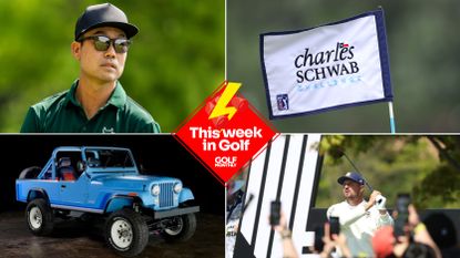 Kevin Na wearing sunglasses, a Charles Schwab Challenge flag, a blue Schwab Scrambler 4x4 and Bryson DeChambeau holding hitting a shot at LIV Golf Korea with a This Week In Golf logo centered