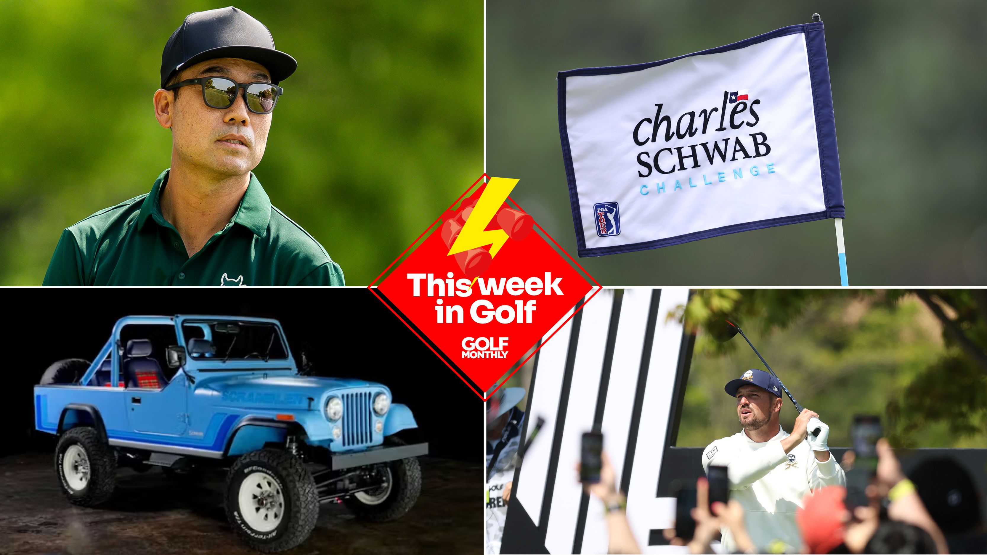Kevin Na wearing sunglasses, a Charles Schwab Challenge flag, a blue Schwab Scrambler 4x4 and Bryson DeChambeau holding hitting a shot at LIV Golf Korea with a This Week In Golf logo centered