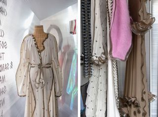 Two images of dresses and clothing from the Vanessa Schindler’s collection.