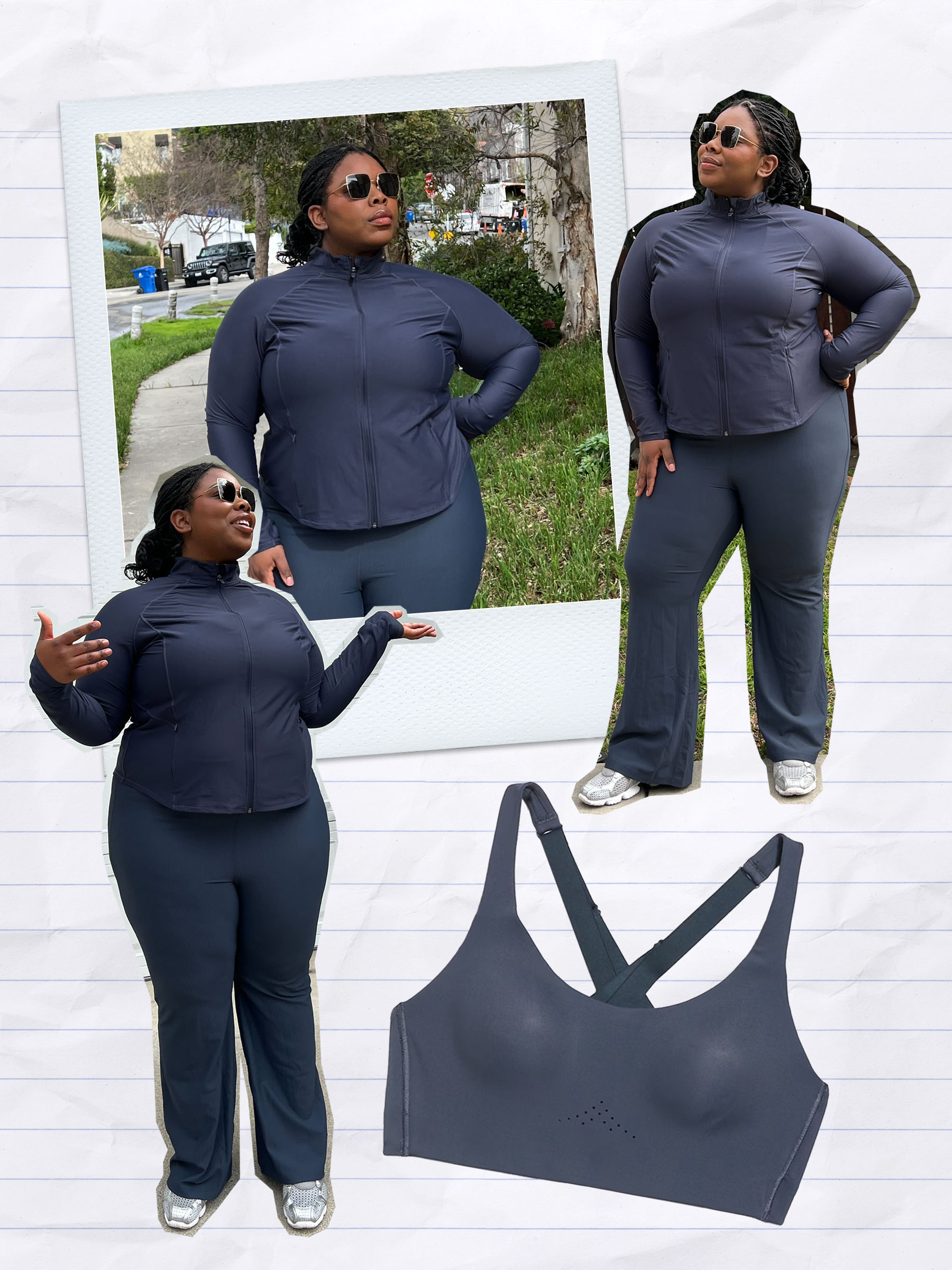 Pictured is a collage featuring images of chichi wearing Old Navy activewear sets, along with model e-commerce images of the products from the brand website.