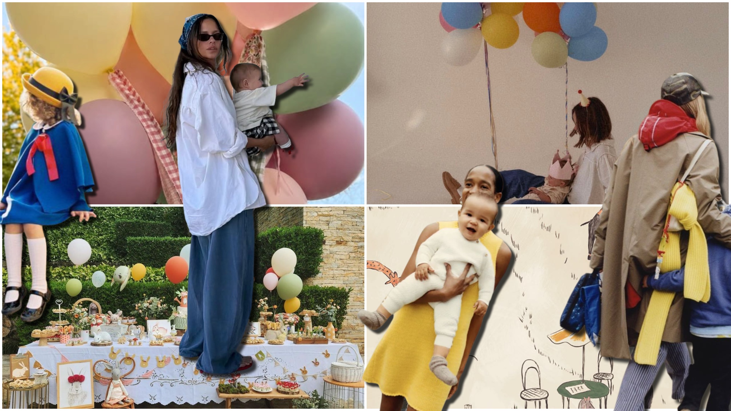 Collage of stylish mothers and children at birthday parties, with colorful balloons, playful decorations, party tables, and casual outfits.
