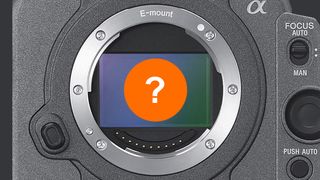 Close-up of a camera's E-mount with a colorful sensor and a question mark symbol in the center, hinting at an unknown feature or specification