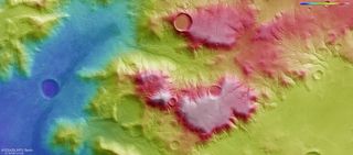 This color-coded topographic view shows the Nereidum Mountain range, which lies on the surface of Mars in the planet's southern hemisphere. The image shows a region within the mountain range which is a part of the large Argyre impact basin, one of the biggest impact structures on the entire Red Planet.