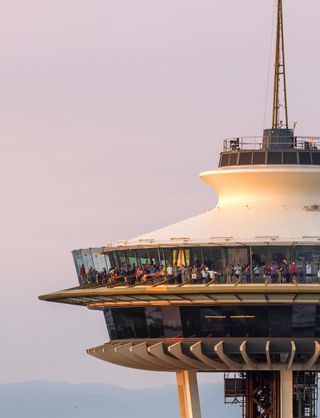 A portrait photo focussing on the Space Needle's terrace levels.
