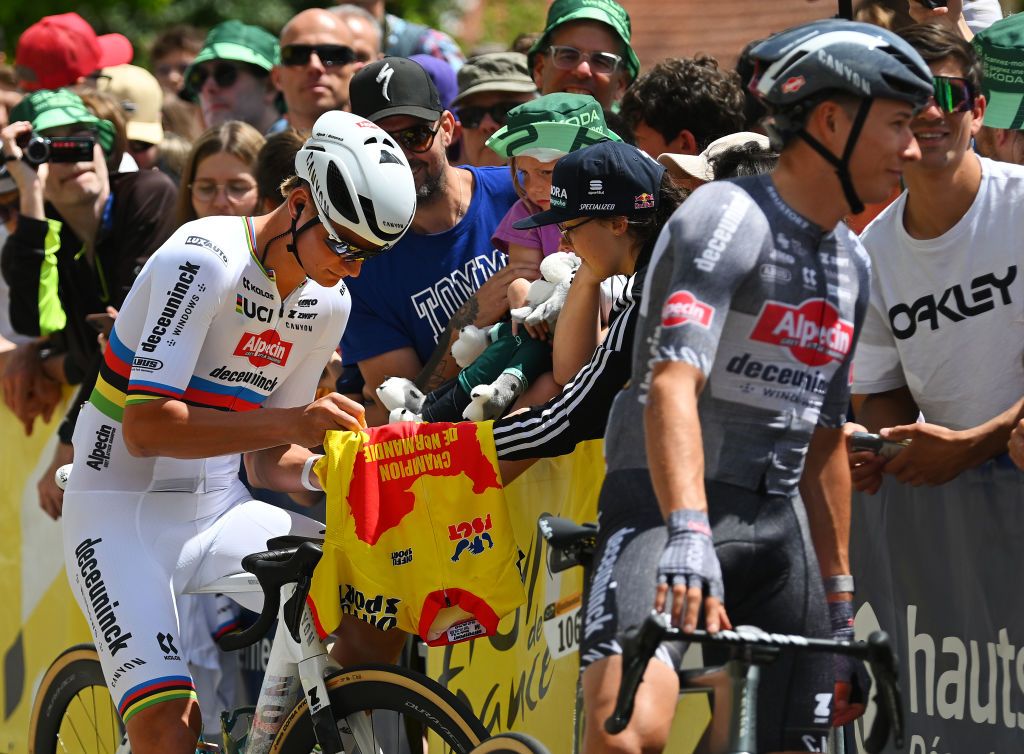 TROYES FRANCE JULY 07 Mathieu van der Poel of Netherlands and Team Alpecin Deceuninck meets the faat start prior to the 111th Tour de France 2024 Stage 9 a 199km stage from Troyes to Troyes UCIWT on July 07 2024 in Troyes France Photo by Dario BelingheriGetty Images